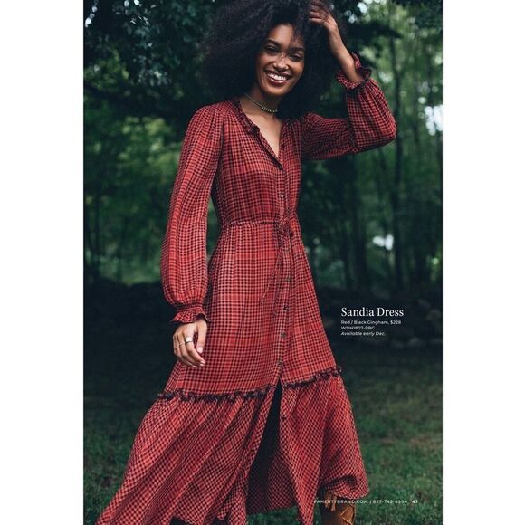 Faherty Sandia Red Black Gingham Maxi Dress Small Boho Cottagecore Fall Look - Picture 1 of 16